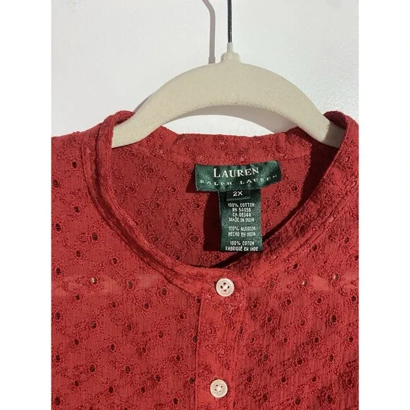 Vtg Ralph Lauren Button Up Top 2X Eyelet Beachy Minimalist Quite Luxury Coastal - Picture 2 of 11